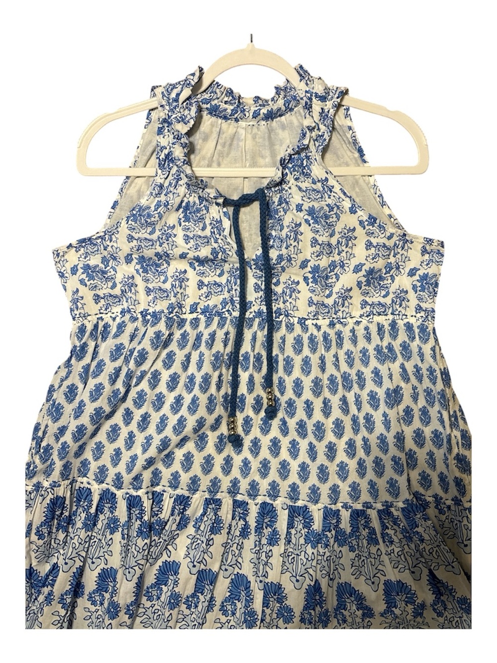 Calypso St. Barth Blue White Floral Block Print Tiered Maxi Dress Halter, Small - Picture 5 of 13